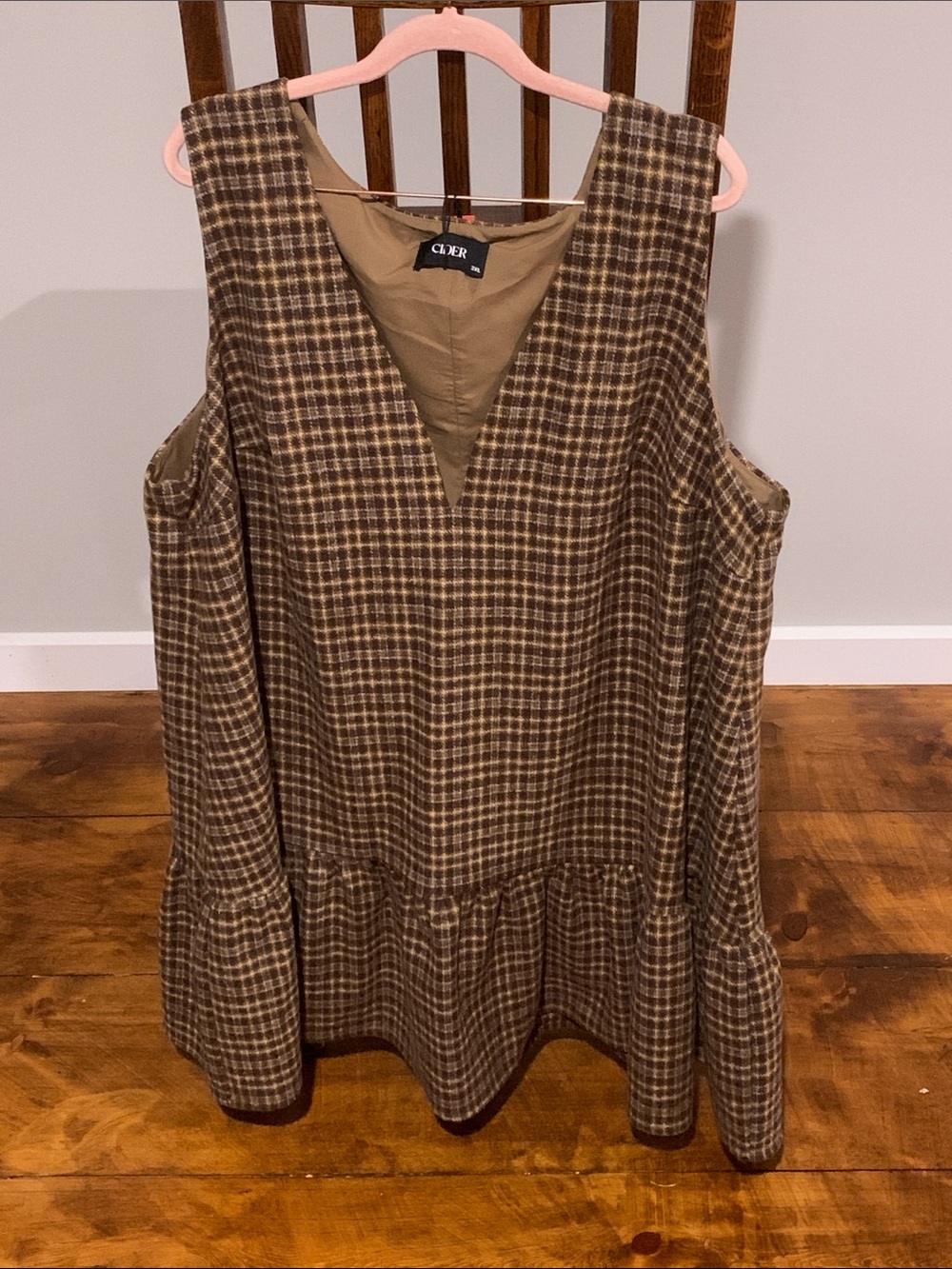 Brown Plaid V-Neck Sleeveless Baby Doll Dress